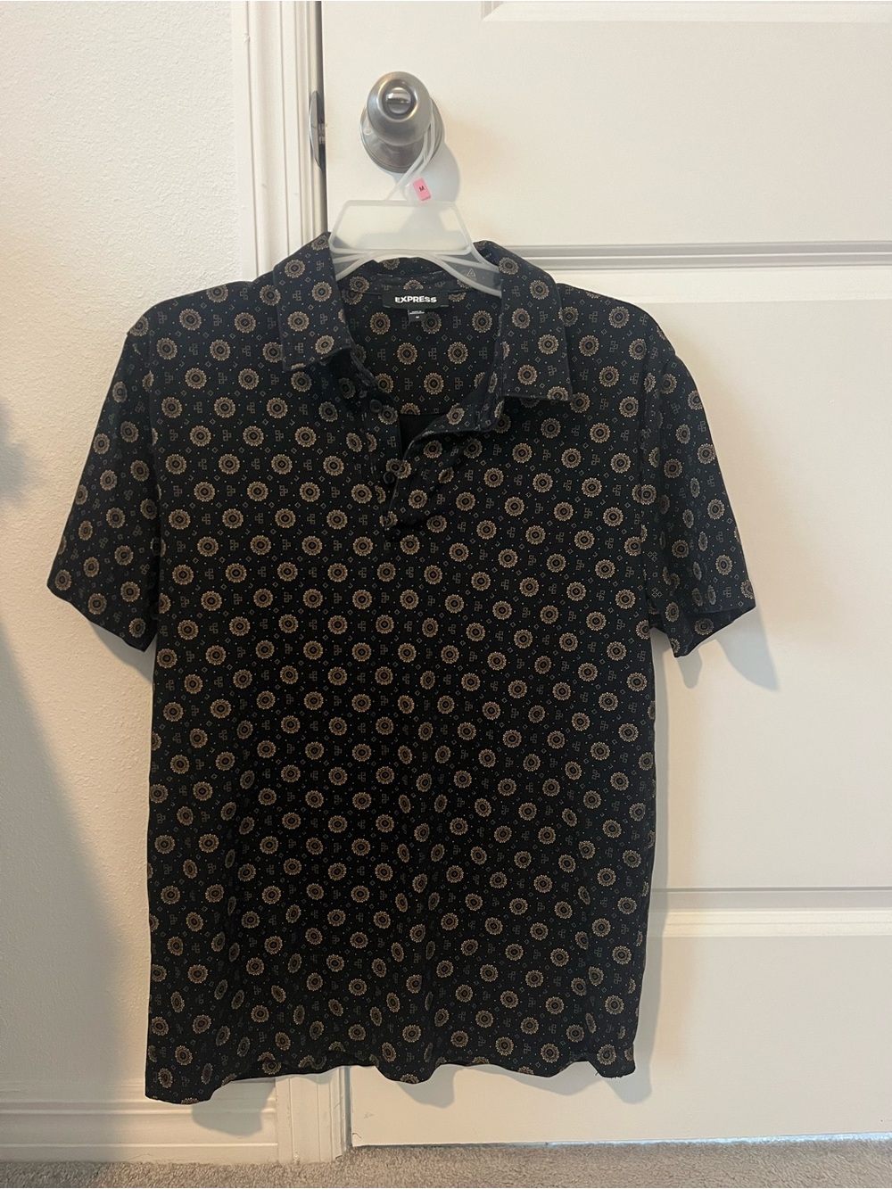 Express Black Polo with Tan Circular Medallion Print